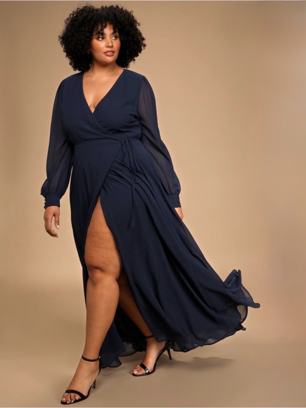LULUS Navy Chiffon Puff Long Sleeve Wrap Waist Old Money Wedding Guest Dress 2X